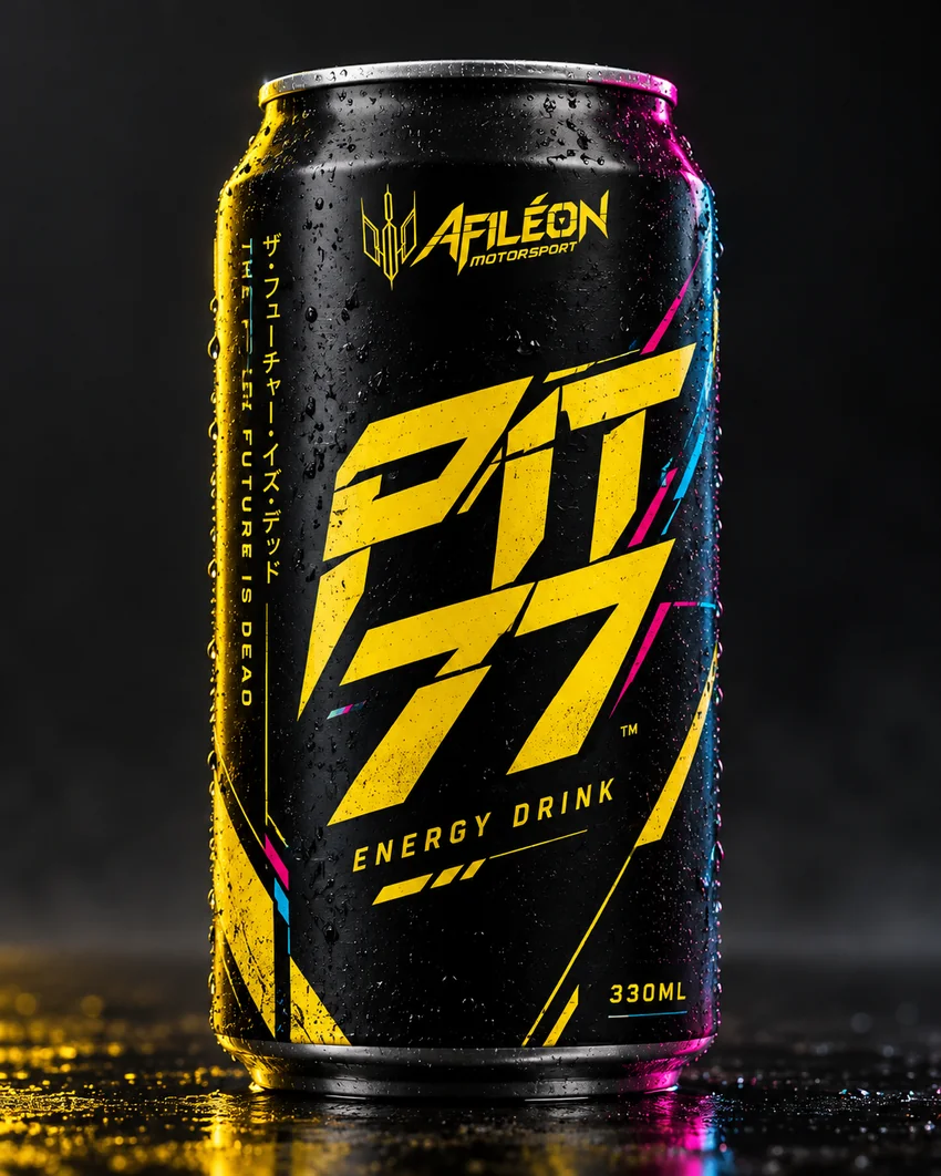 PIT 77 concept energy drink can in black with bright yellow PIT 77 lettering and small cyan and pink details